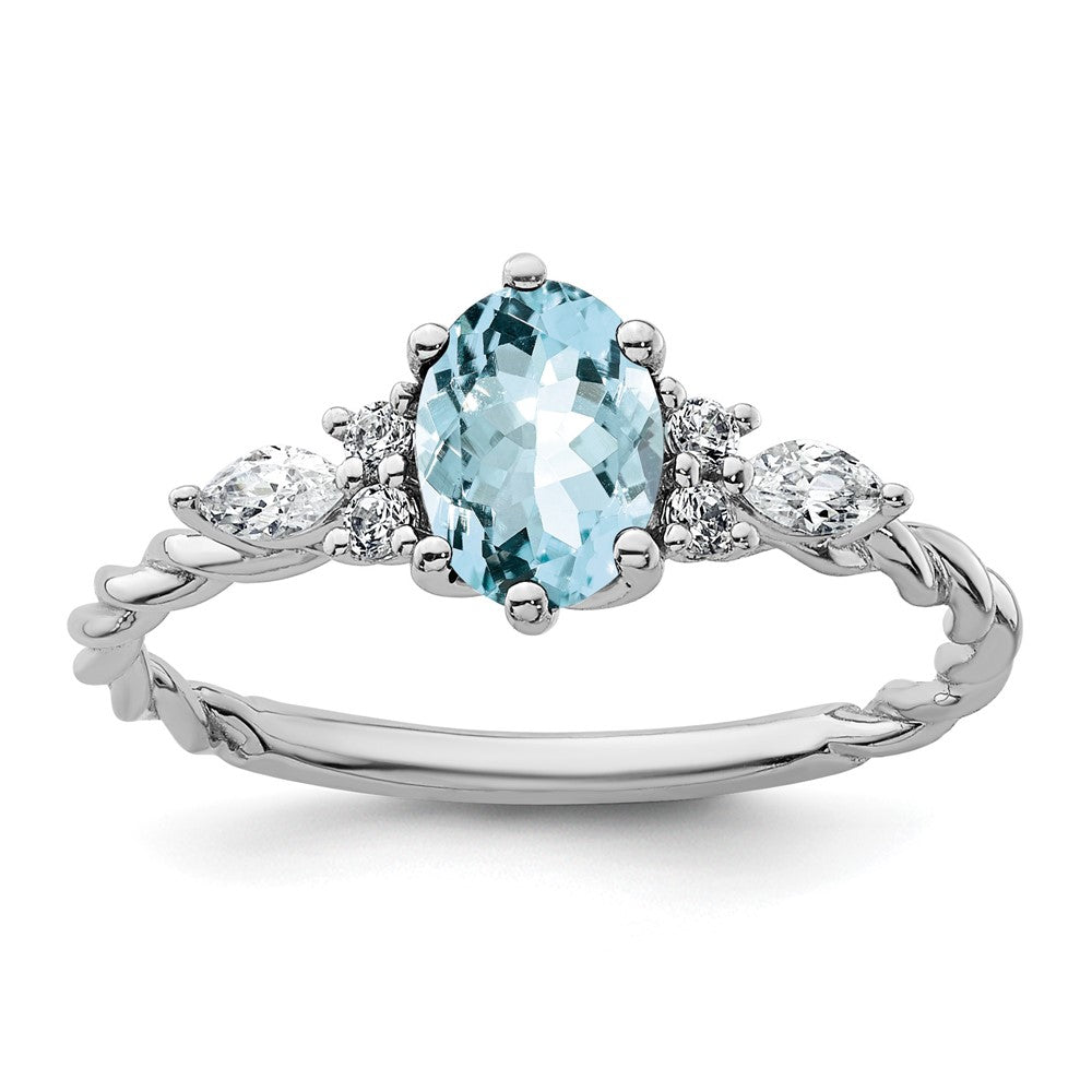 14K Weißgold Ring mit Diamant und 7x5 ovalem März/Aquamarin, Größe 7, verschlungen