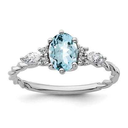 14K Weißgold Ring mit Diamant und 7x5 ovalem März/Aquamarin, Größe 7, verschlungen