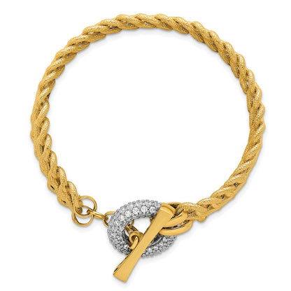 14K Gelbgold mit Rhodium 12.25mm Strukturiert Fantasie Kette mit Zirkonia Knebel 7.5 Zoll Armband