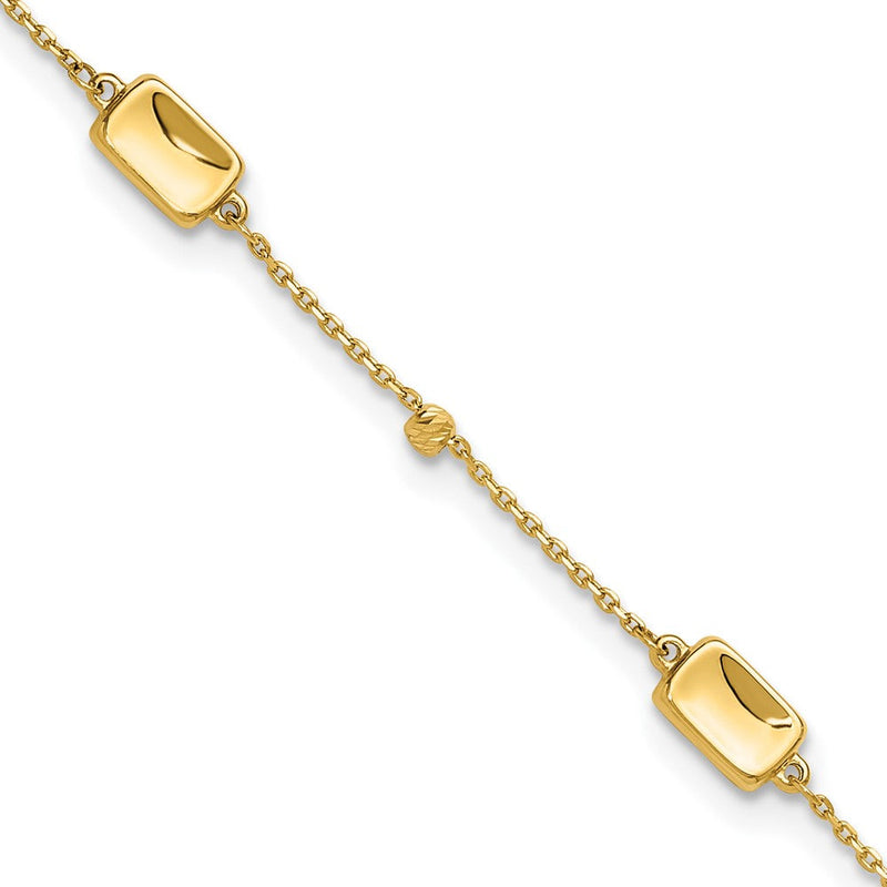 14K Gelbgold Rechteck und Diamantiert Perle 9 Zoll Plus 1 Zoll Verlängerung - Total 10 Zoll Fußkettchen