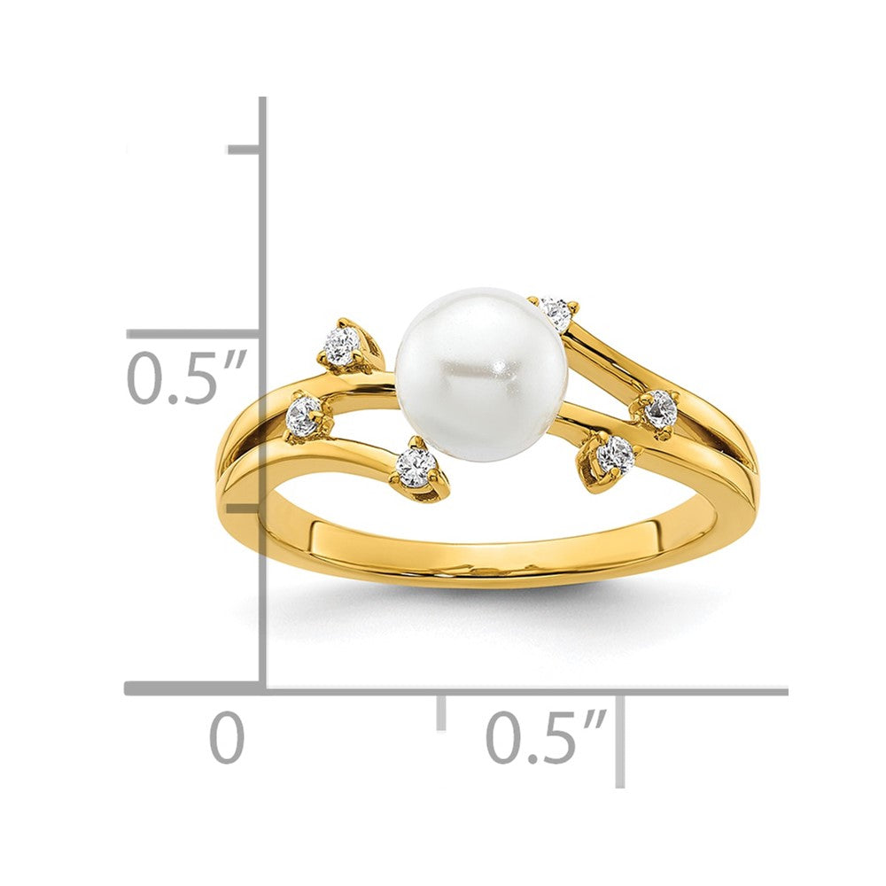 14K Gelbgold Ring poliert mit 0,10K Diamant und Süßwasser-Zuchtperle, Größe 7