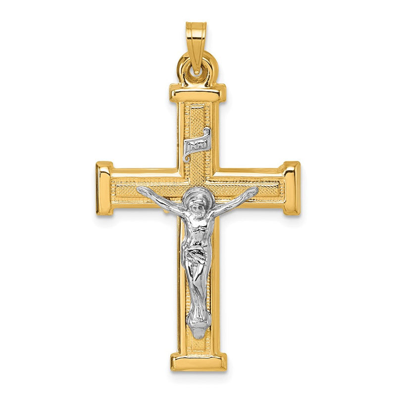 14K Gelbgold mit Rhodium Poliert und Strukturiert Inri Kruzifix Kreuz Anhänger