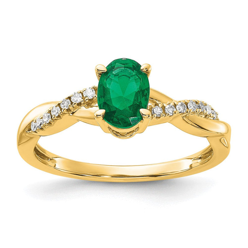 14K Gelbgold 7x5 Oval May/im Labor Erzeugt Smaragd und Diamant Größe 7 Ring