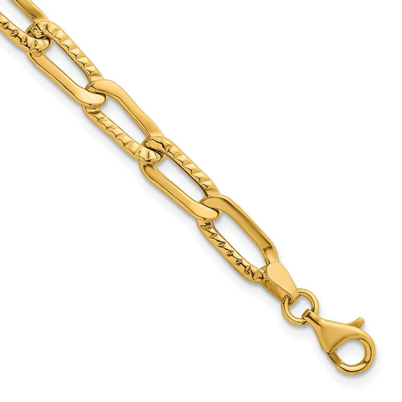 14K Gelbgold Poliert und Strukturiert Fantasie Lang Glieder 7.5 Zoll Armband