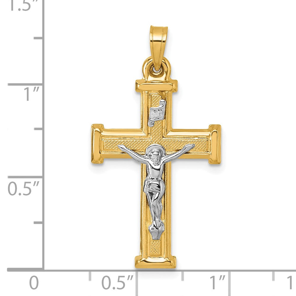 14K Gelbgold mit Rhodium Poliert und Strukturiert Inri Kruzifix Kreuz Anhänger