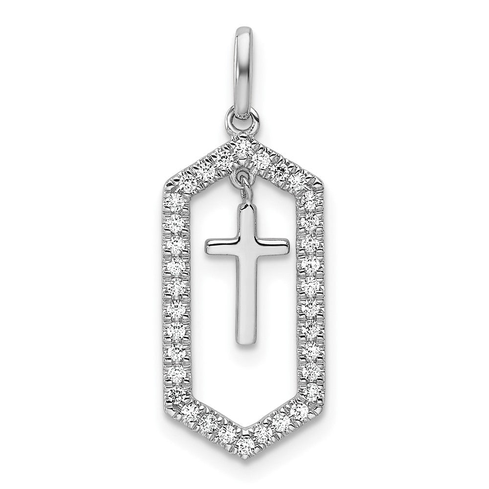 14K Weißgold Polierter Kreuzanhänger mit Diamant-Rahmen, 0,2 Karat, hängend