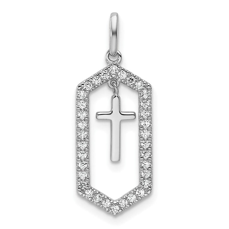 14K Weißgold Polierter Kreuzanhänger mit Diamant-Rahmen, 0,2 Karat, hängend