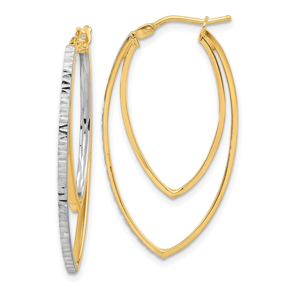 14K Gelbgold Poliert und Rhodium Diamantiert V Form Creolen