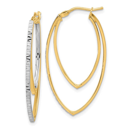 14K Gelbgold Poliert und Rhodium Diamantiert V Form Creolen