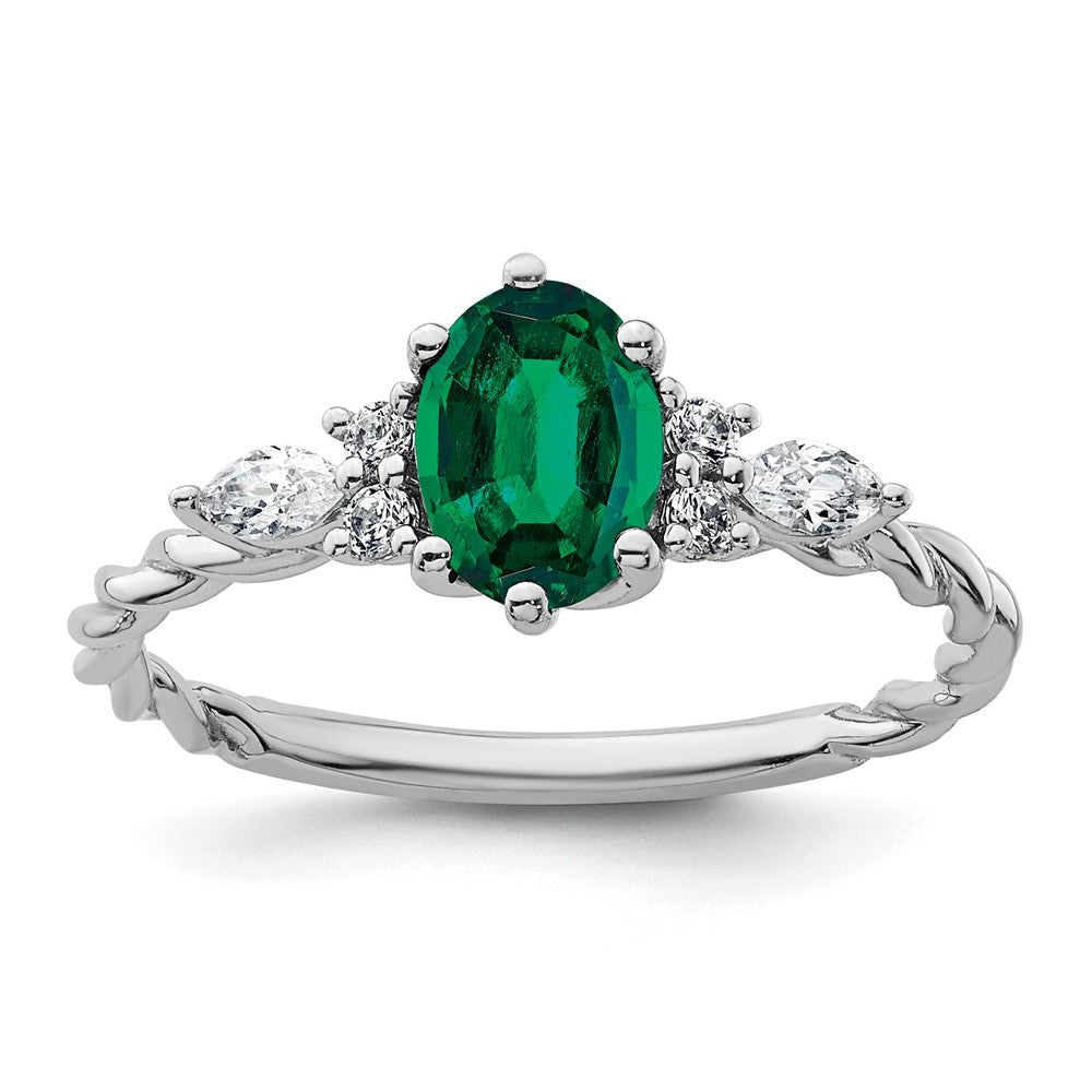 14K Weißgold Ring mit Diamant und 7x5 ovalem Mai/Laborgezüchtetem Smaragd, Größe 7, gedreht