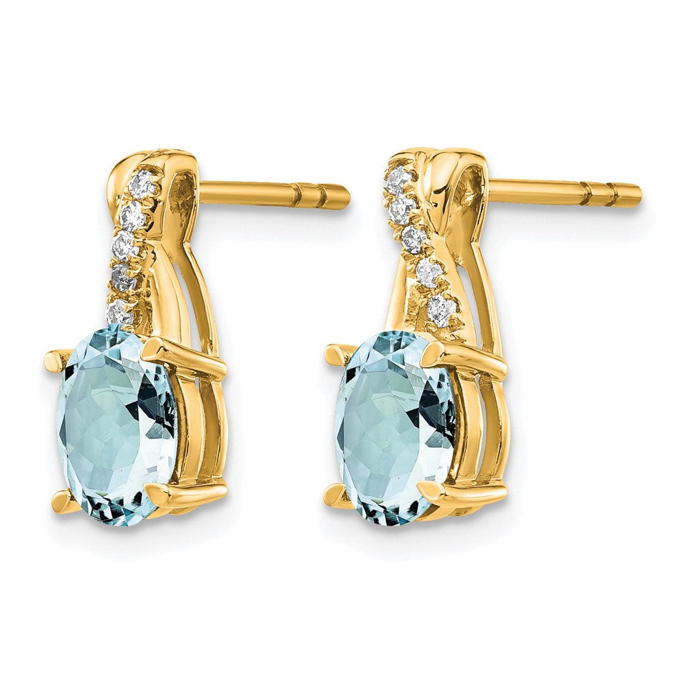 14K Gelbgold Ohrstecker mit ovalem 7x5 mm März-/Aquamarin-Stein und Diamanten