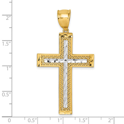 14K Gelbgold und Rhodium Poliert Diamantgeschliffener Strukturierter Fancy Lateinisches Kreuz Anhänger