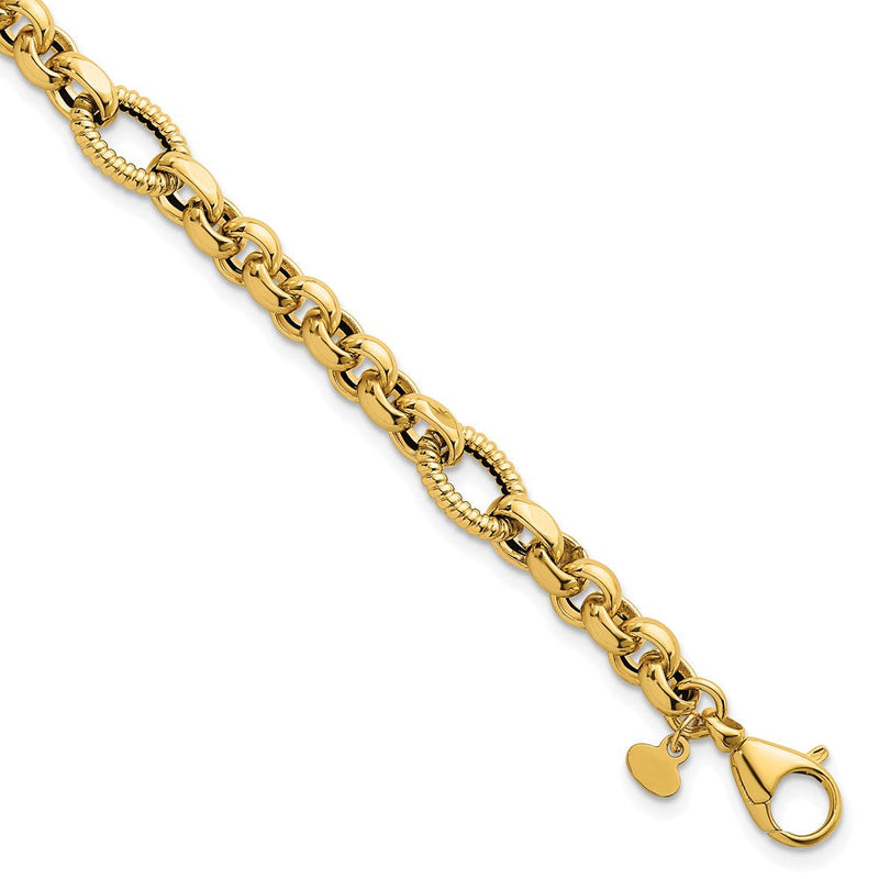 14K Gelbgold Poliert und Strukturiert Erbs und Oval Fantasie Kette 7.5 Zoll Armband