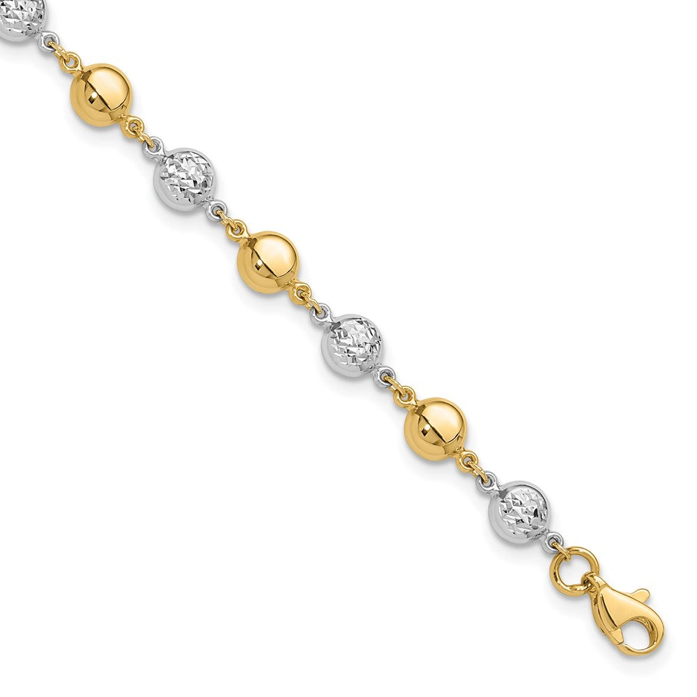 14K Bicolor Gold Bicolor Poliert und Diamantiert Gewölbt Perlen 7.75 Zoll Armband
