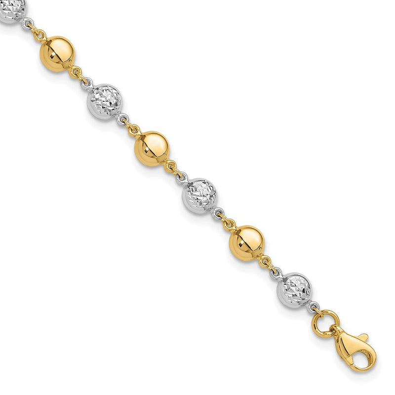 14K Bicolor Gold Bicolor Poliert und Diamantiert Gewölbt Perlen 7.75 Zoll Armband