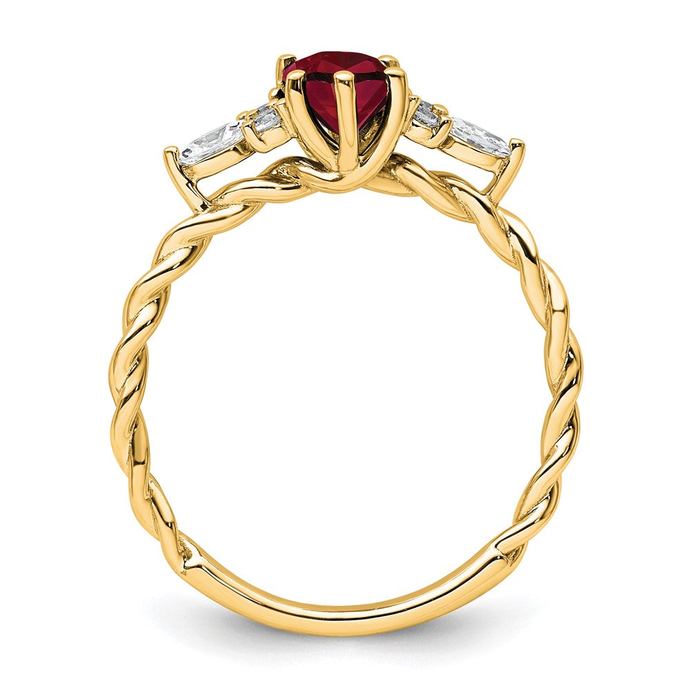 14K Gelbgold Diamant- und Rubin (7x5 oval, Juli/labor­gezüchtet) Ring, gedreht, Größe 7