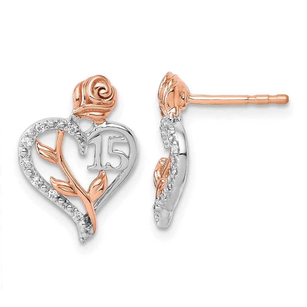 14K Weiß- und Roségold Diamant-Herz-Ohrstecker "Quinceañera 15" mit 0,05K