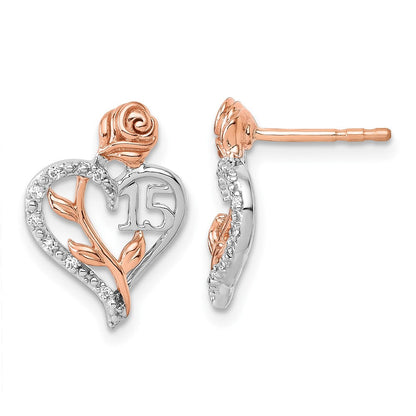 14K Weiß- und Roségold Diamant-Herz-Ohrstecker "Quinceañera 15" mit 0,05K