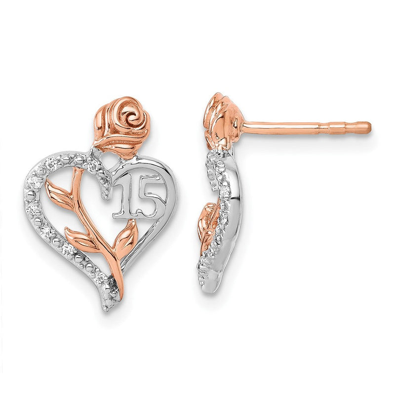 14K Weiß- und Roségold Diamant-Herz-Ohrstecker "Quinceañera 15" mit 0,05K
