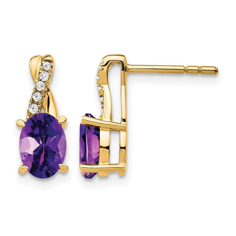 14K Gelbgold Ohrstecker mit ovalem 7x5 Amethyst (Februar-Geburtsstein) und Diamanten