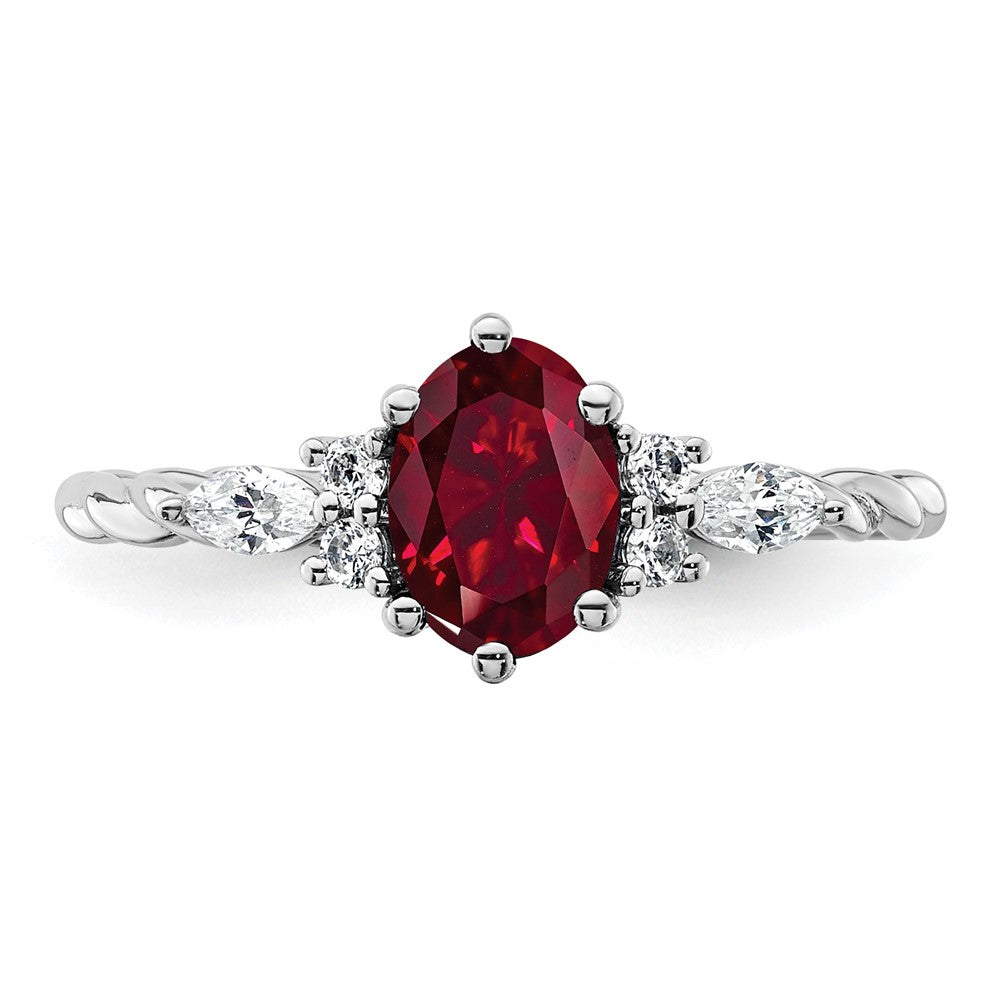 14K Weißgold Diamant- und 7x5 Oval Juli/Labor-erzeugter Rubin Größe 7 gedrehter Ring