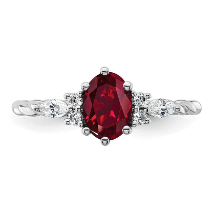 14K Weißgold Diamant- und 7x5 Oval Juli/Labor-erzeugter Rubin Größe 7 gedrehter Ring