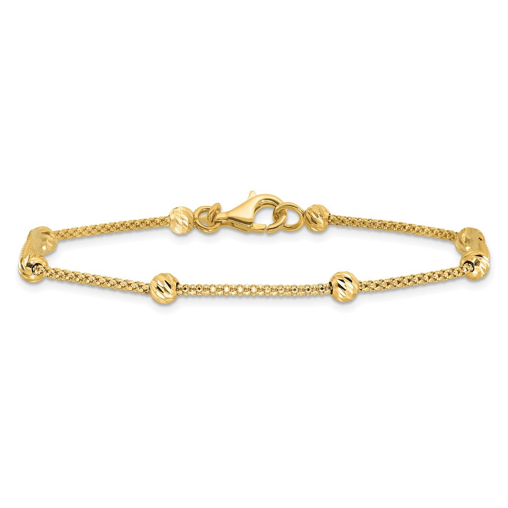 14K Gelbgold Poliert Diamantiert Perlen und Netz Kette 7.5 Zoll Armband
