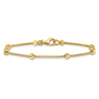 14K Gelbgold Poliert Diamantiert Perlen und Netz Kette 7.5 Zoll Armband
