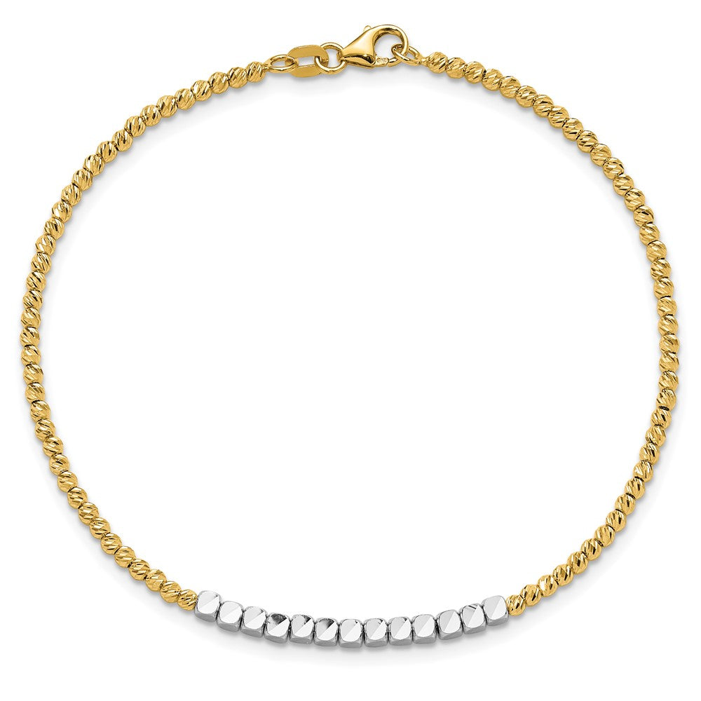 14K Bicolor Gold Bicolor Diamantiert Quadratisch und Rund Gekugelt 7.5 Zoll Armband