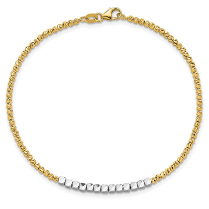 14K Bicolor Gold Bicolor Diamantiert Quadratisch und Rund Gekugelt 7.5 Zoll Armband