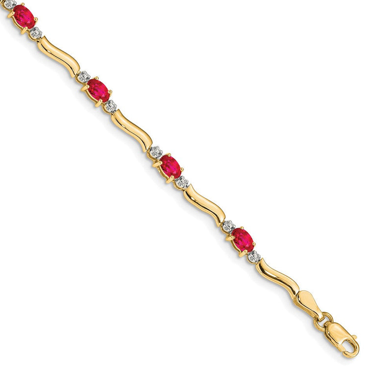 14K Gelbgold Komplett Diamant und Oval Rubin Gewellt Glieder 7 Zoll Armband