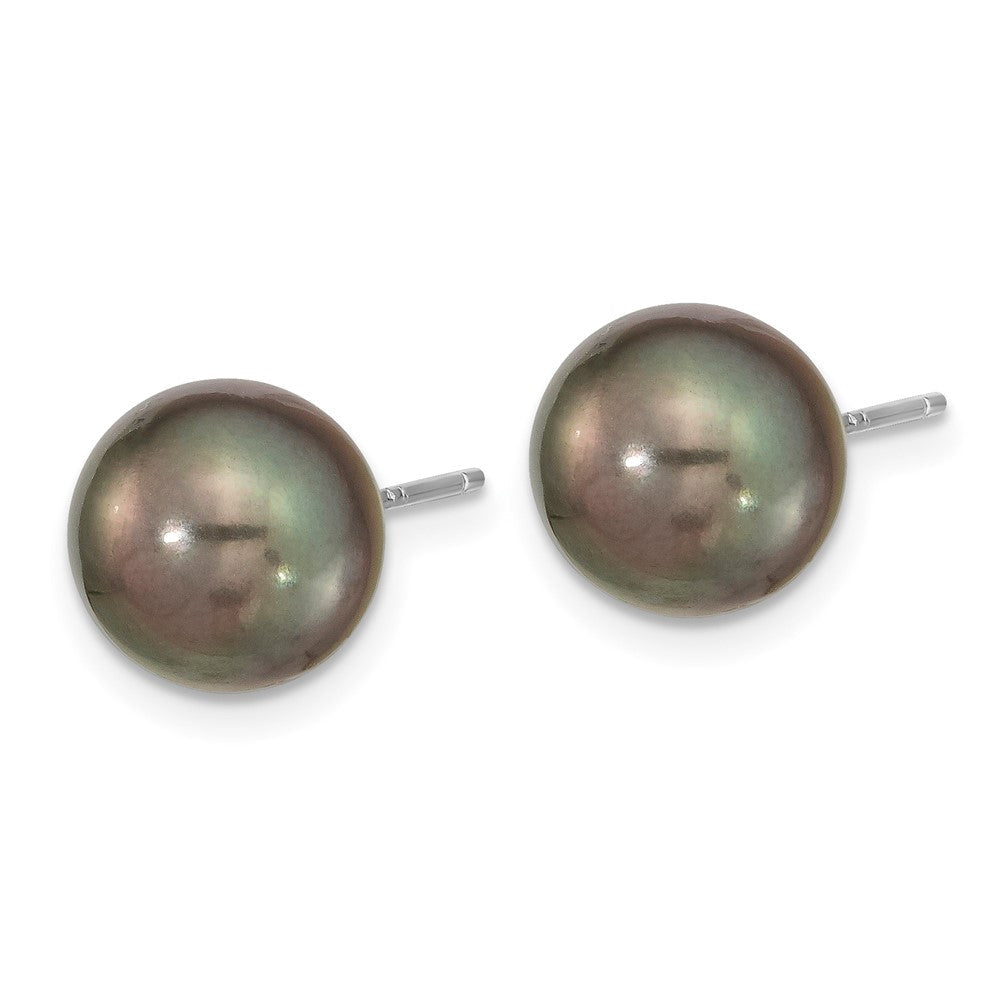 14K Weißgold 9-10mm Schwarz Rund Tahitian Salzwasser Zuchtperle Ohrstecker