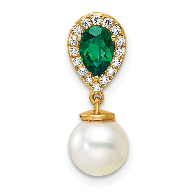 14K Gelbgold 6-7mm Rund Süßwasser Zuchtperle /pear Smaragd/diamond Tropfen Kette Anhänger