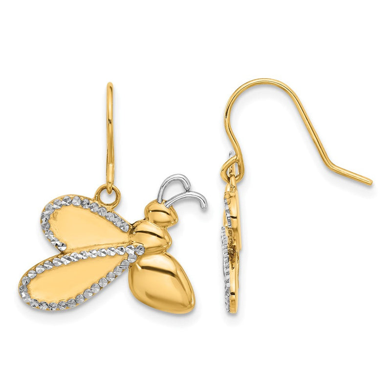 14K Gelbgold und Rhodium Diamantiert Groß Biene Hängend French Haken Ohrringe