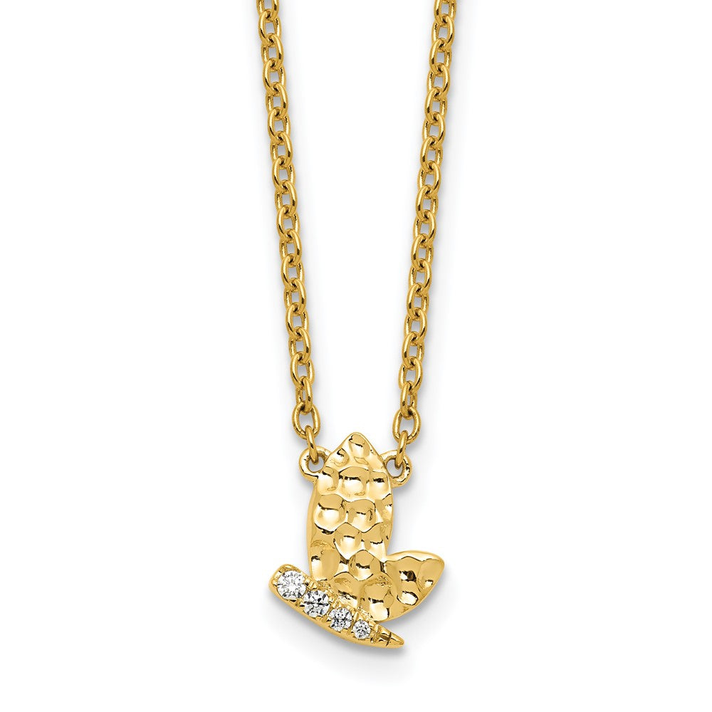 14K Gelbgold Poliert und Gehämmert 1/20 Karat Diamant Schmetterling 18 Zoll Halskette
