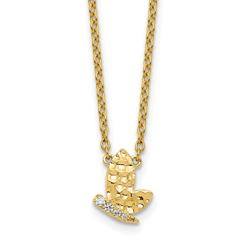 14K Gelbgold Poliert und Gehämmert 1/20 Karat Diamant Schmetterling 18 Zoll Halskette