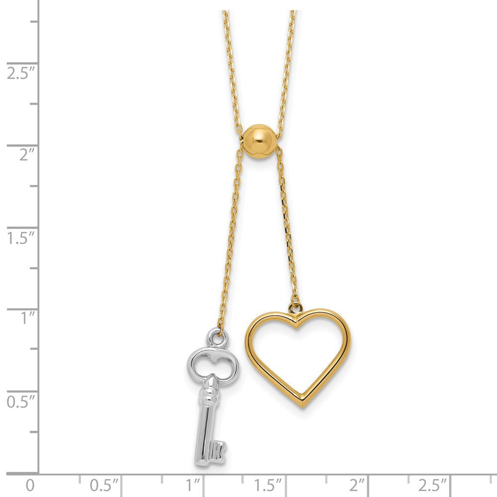 14K Bicolor Gold Bicolor Poliert Verstellbar-dangle Herz und Key 17 Zoll Lariat Halskette