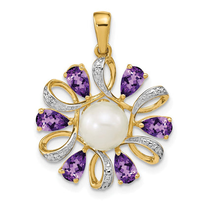 14K Gelbgold 6-7mm Knopf Süßwasser Zuchtperle /pear Amethyst/diamond Anhänger