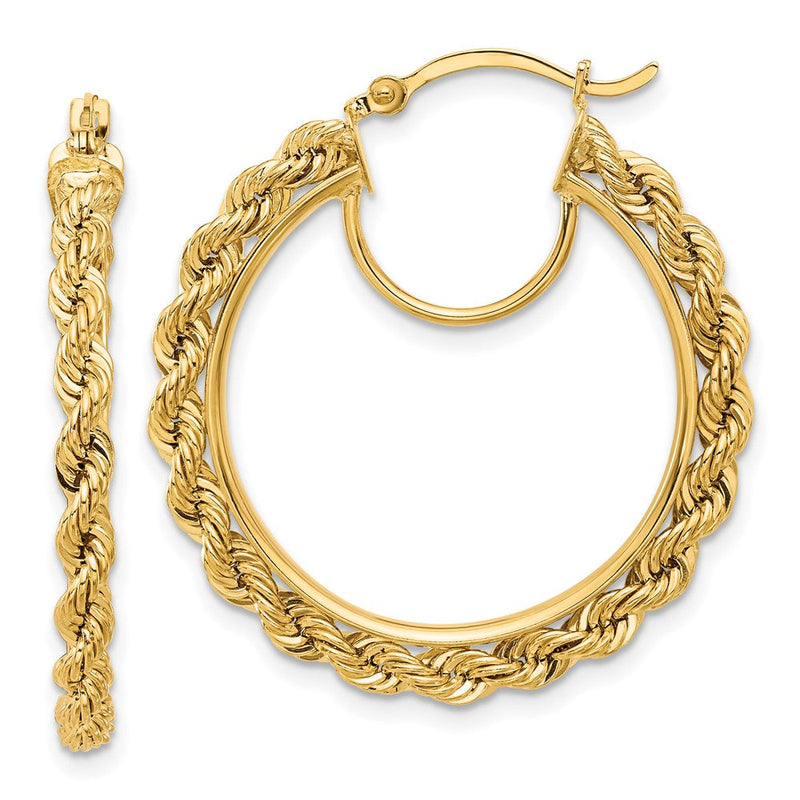 14K Gelbgold Ohrringe Creolen, poliert und diamantiert, Kordel-Design, 2,95 mm
