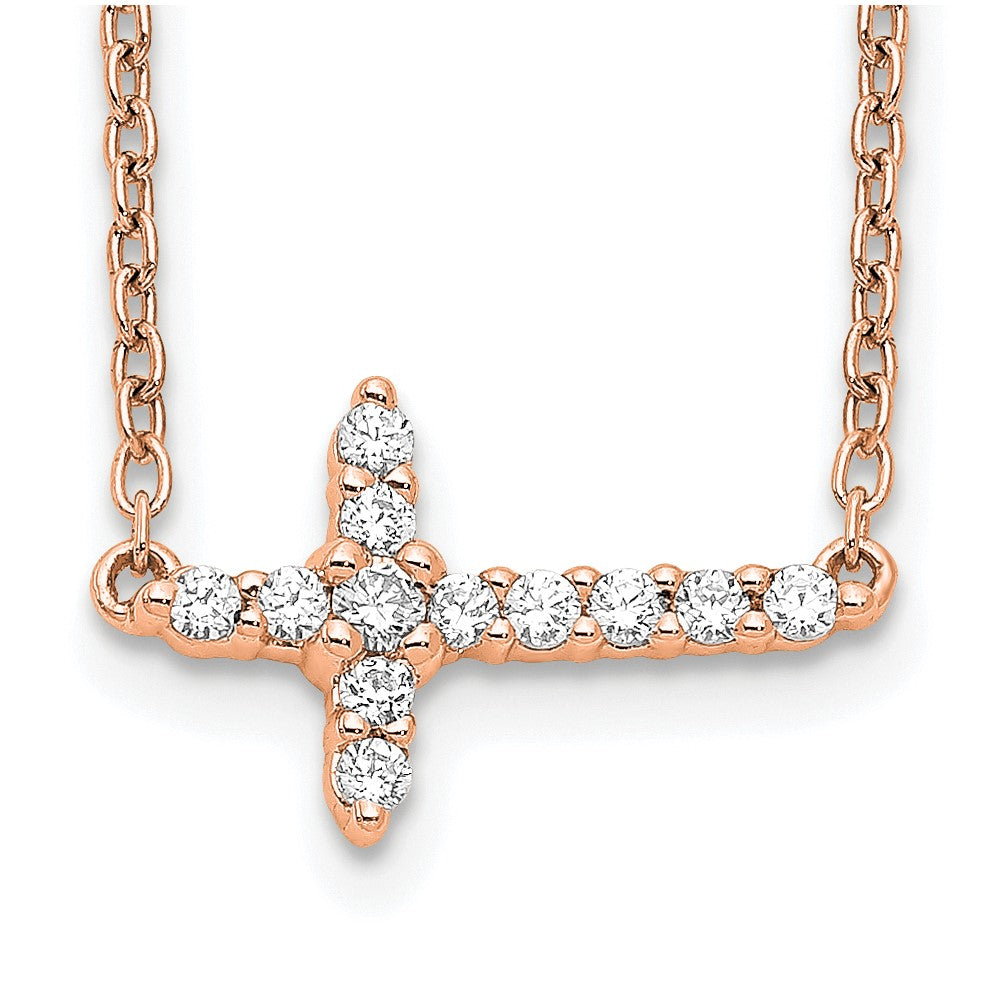 14K Roségold 1/6 Karat Diamant Seitlich Kreuz 18 Zoll Halskette