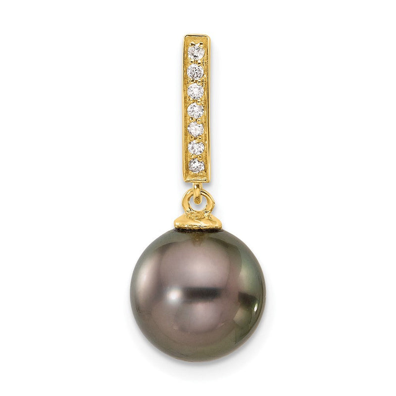 14K Gelbgold 10-11mm Schwarz Rund Tahitian Salzwasser Zuchtperle Und.07 Karat Diamant Hängend Kette Anhänger