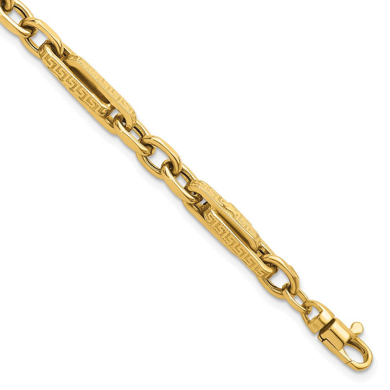 14K Gelbgold Poliert und Strukturiert 4.8mm Greek Key Design Knöpfe 7.75 Zoll Armband
