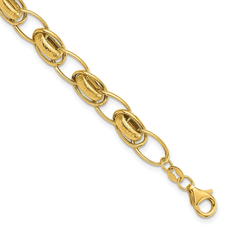 14K Gelbgold Poliert und Strukturiert 7mm Fantasieglieder 7.5 Zoll Armband