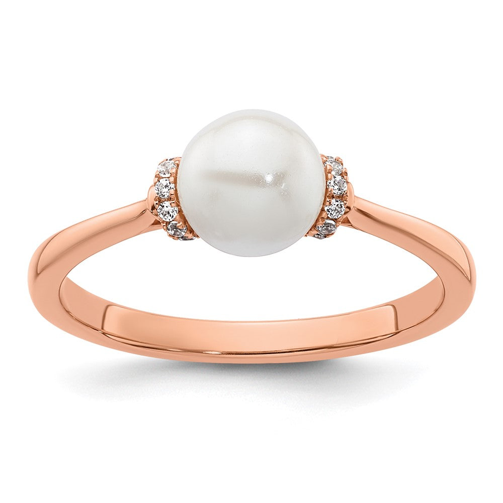 14K Roségold Ring, poliert, mit 0,067 Karat Diamant und weißer Süßwasser-Zuchtperle, Größe 7