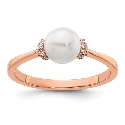 14K Roségold Ring, poliert, mit 0,067 Karat Diamant und weißer Süßwasser-Zuchtperle, Größe 7