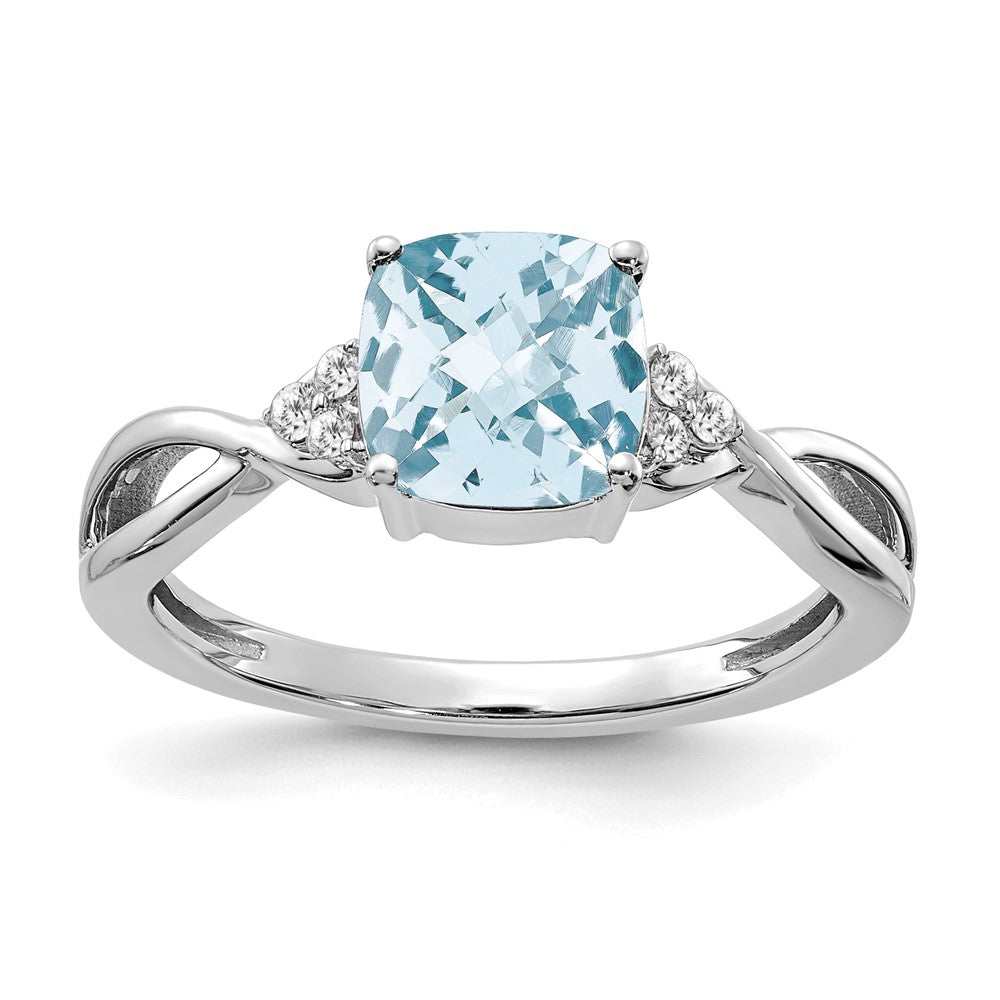 14K Weißgold 7mm Kissen Schachbrett March/aquamarine und Diamant Ring