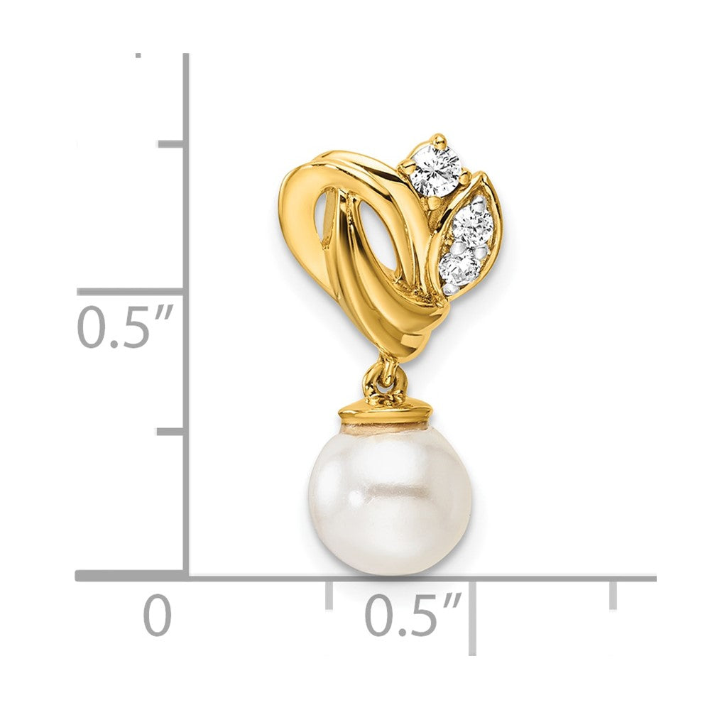 14K Gelbgold Poliert 1/10 Karat Diamant und Süßwasser Zuchtperle Kette Anhänger
