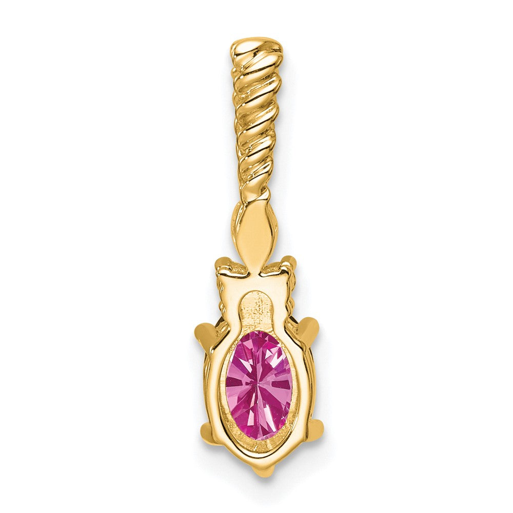 14K Gelbgold Diamant und 7x5 Oval October/im Labor Erzeugt Rosa Saphir Gedreht Kette Anhänger