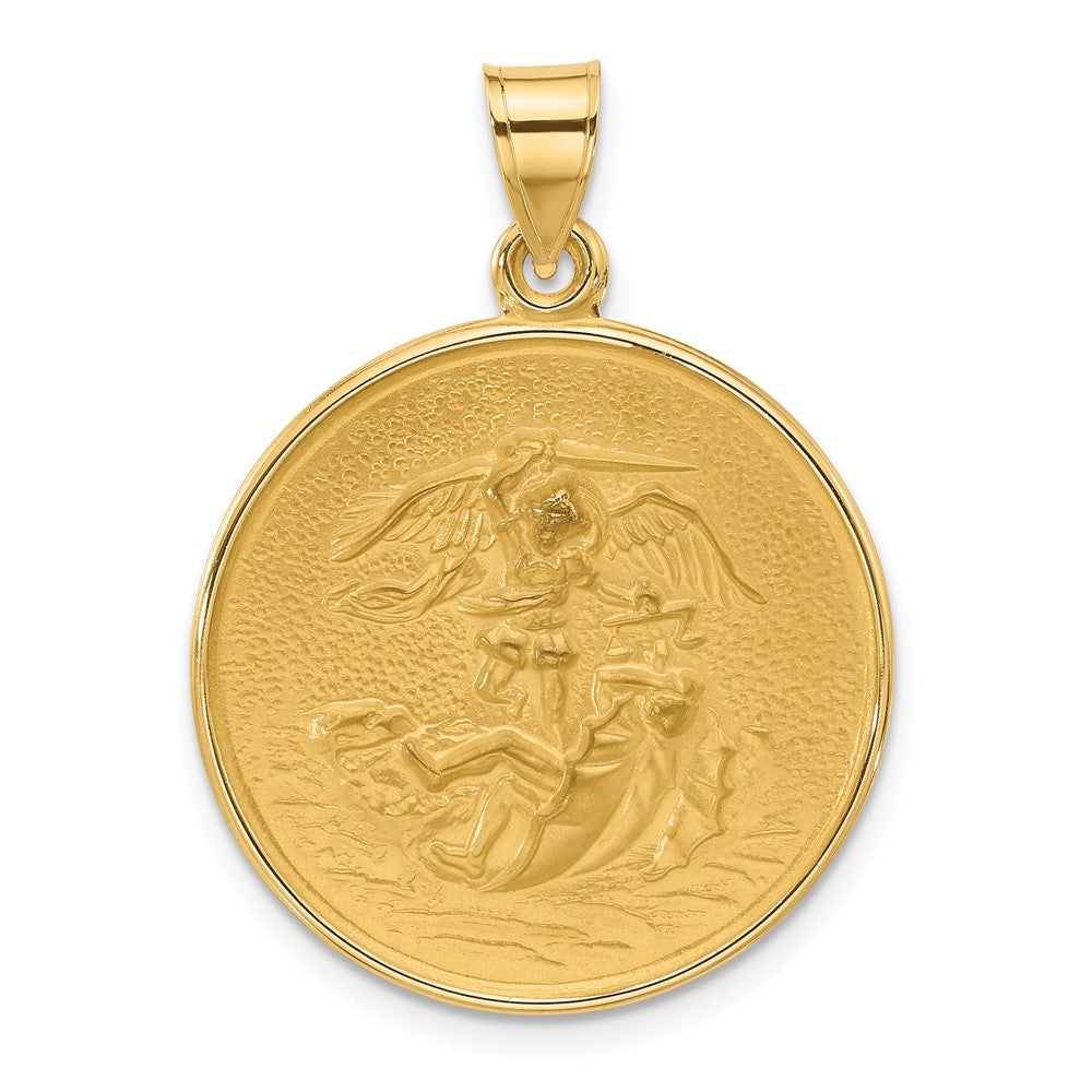14K Gelbgold Poliert und Satiniert Massiv Groß St. Michael Medaille Rund Anhänger