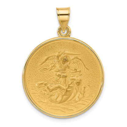14K Gelbgold Poliert und Satiniert Massiv Groß St. Michael Medaille Rund Anhänger